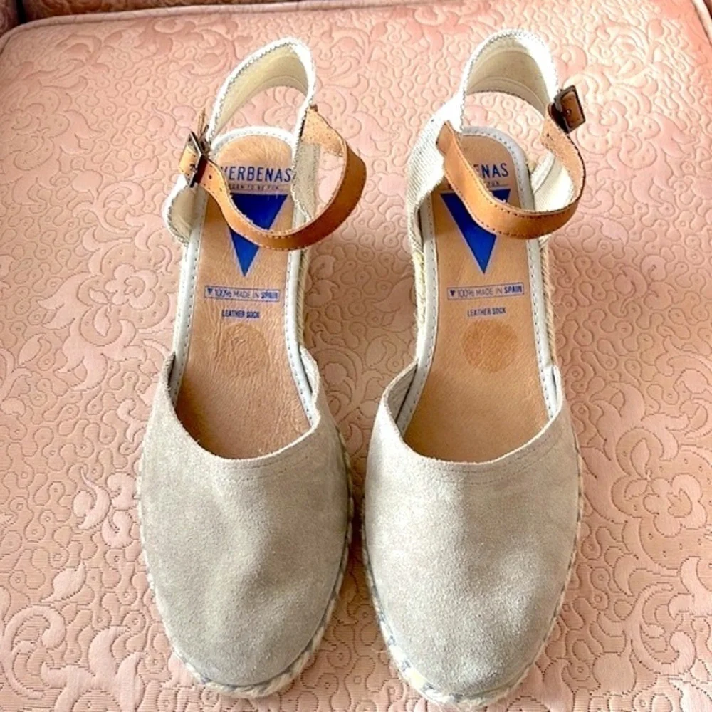 Brand New Verbenas Genuine Suede Espadrilles Wedges Ankle Strap Sandals Stone - Picture 5 of 10